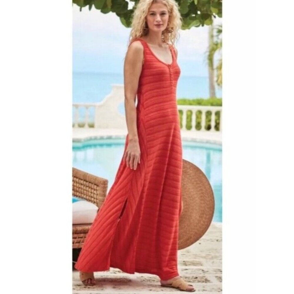 Soft Surroundings Tivoli Red Orange Maxi Dress Size LP Sleeveless Vacation Beach